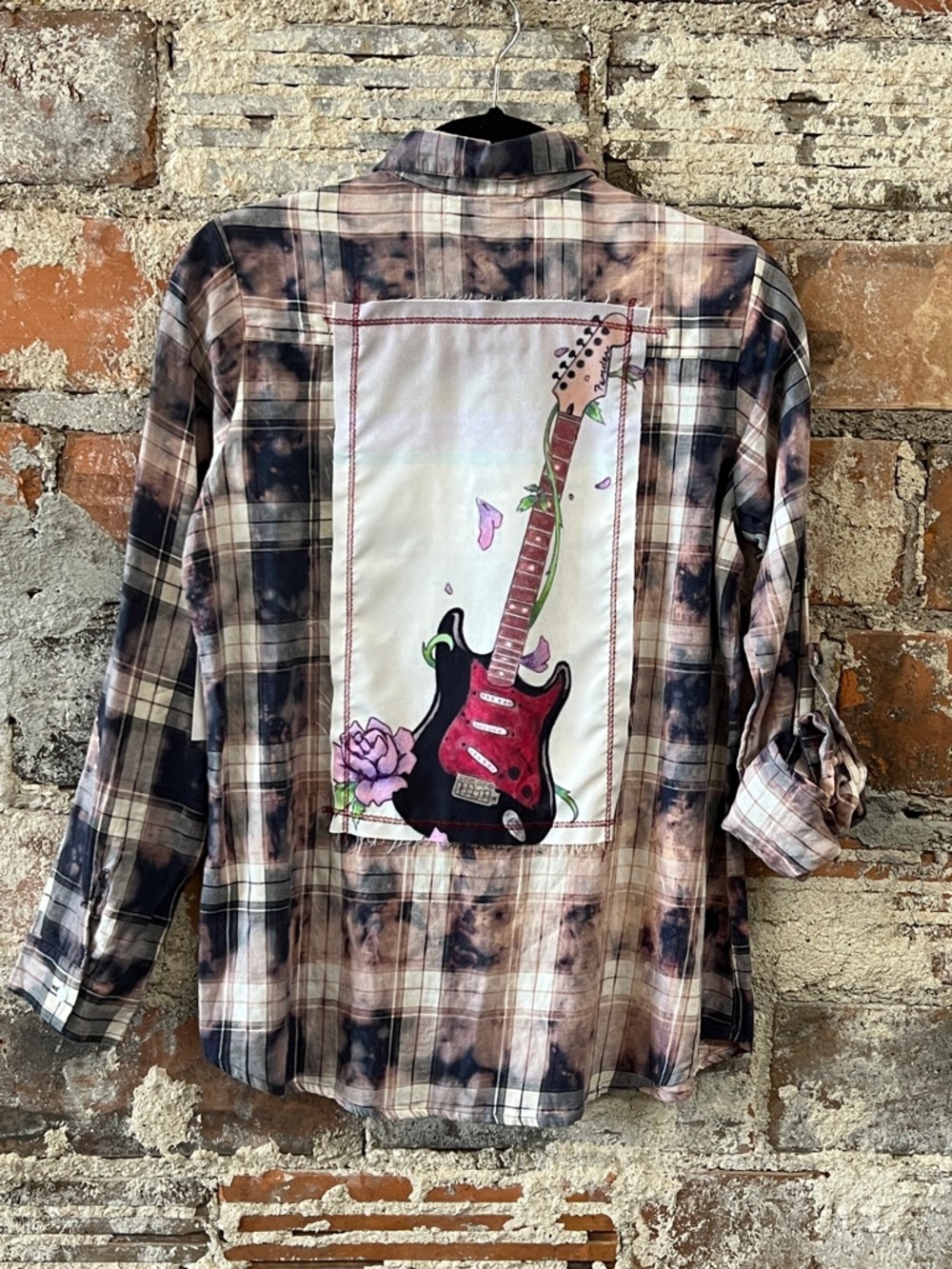 The Nu Vintage Bleached Plaid Flannel with Guitar Back Patch - Pink/navy Soft